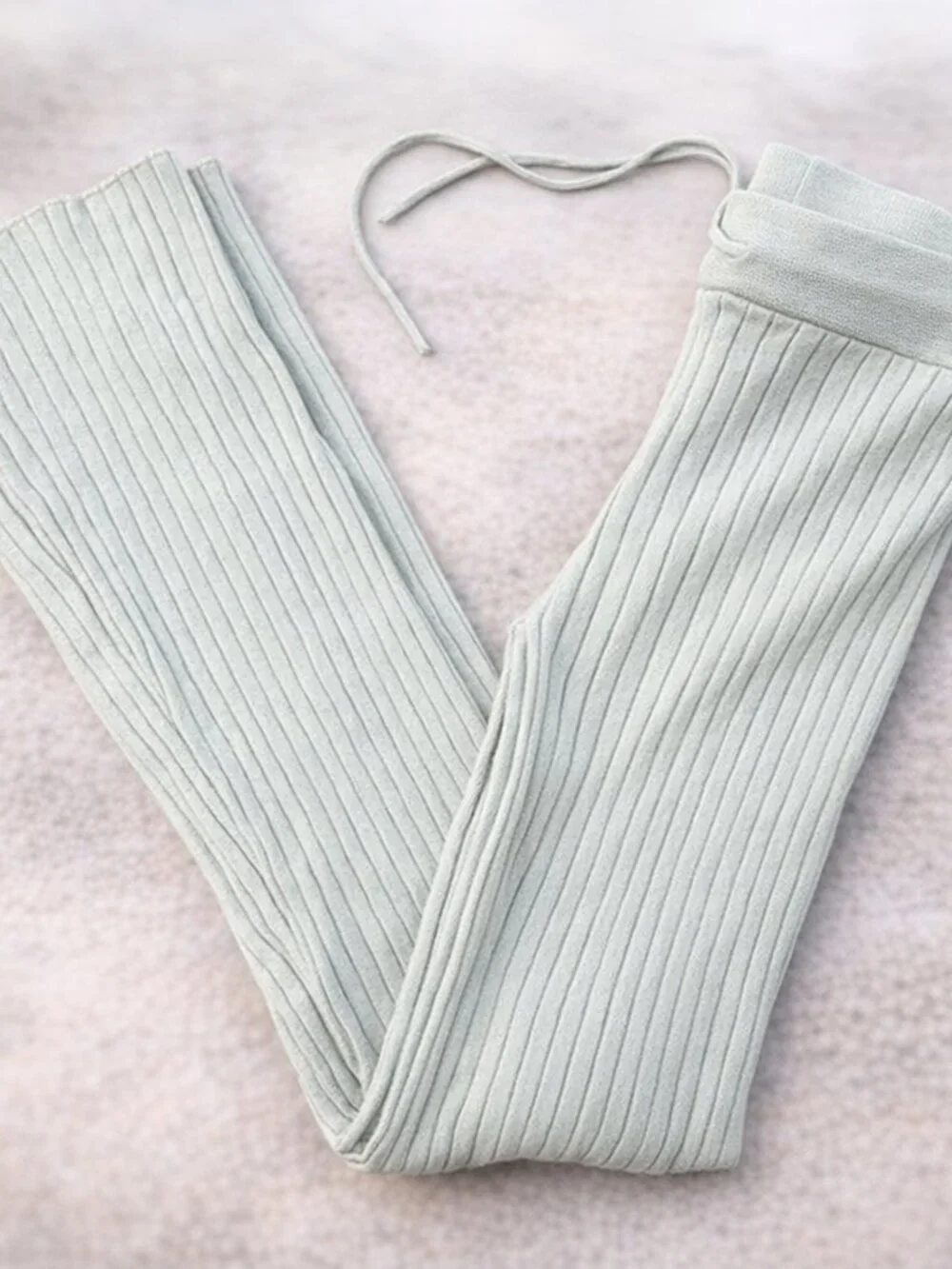 Beige Light Sage Ribbed Knit Lounge Pants Wide Waistband Flare Cozy Minimal - Picture 10 of 10